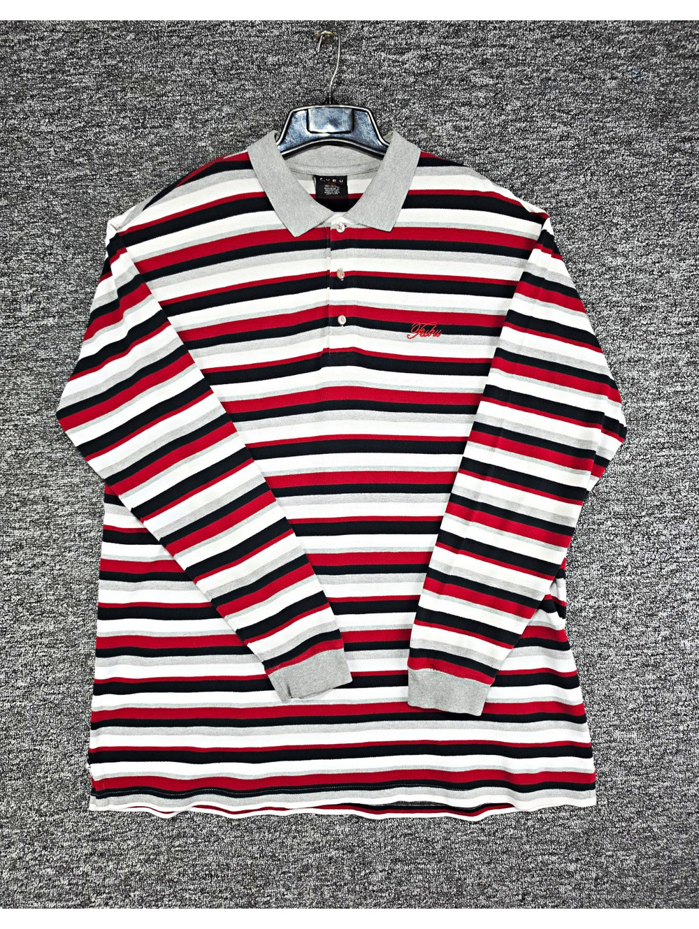 Vtg FUBU The Collection Red/White/Black/Gray Cotton Striped Polo LS Men’s XXL